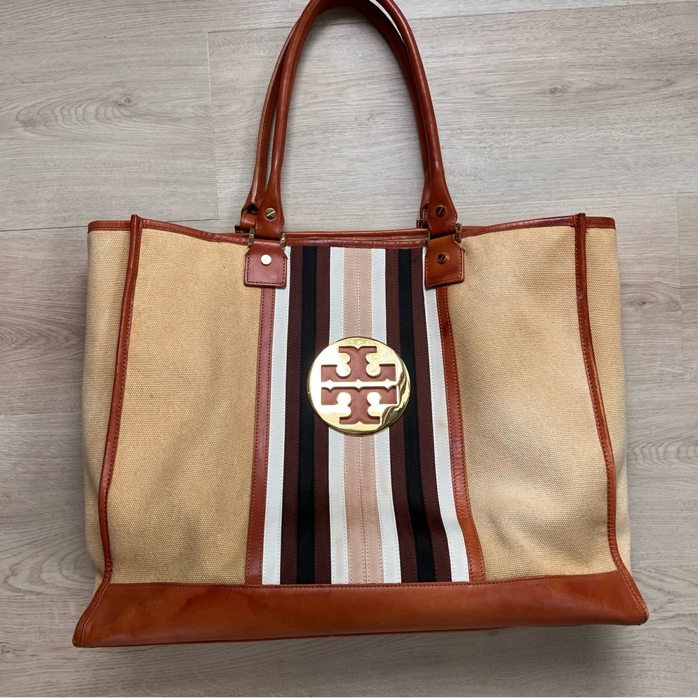 Tory Burch Multicolor Canvas Tote with Leather Trim